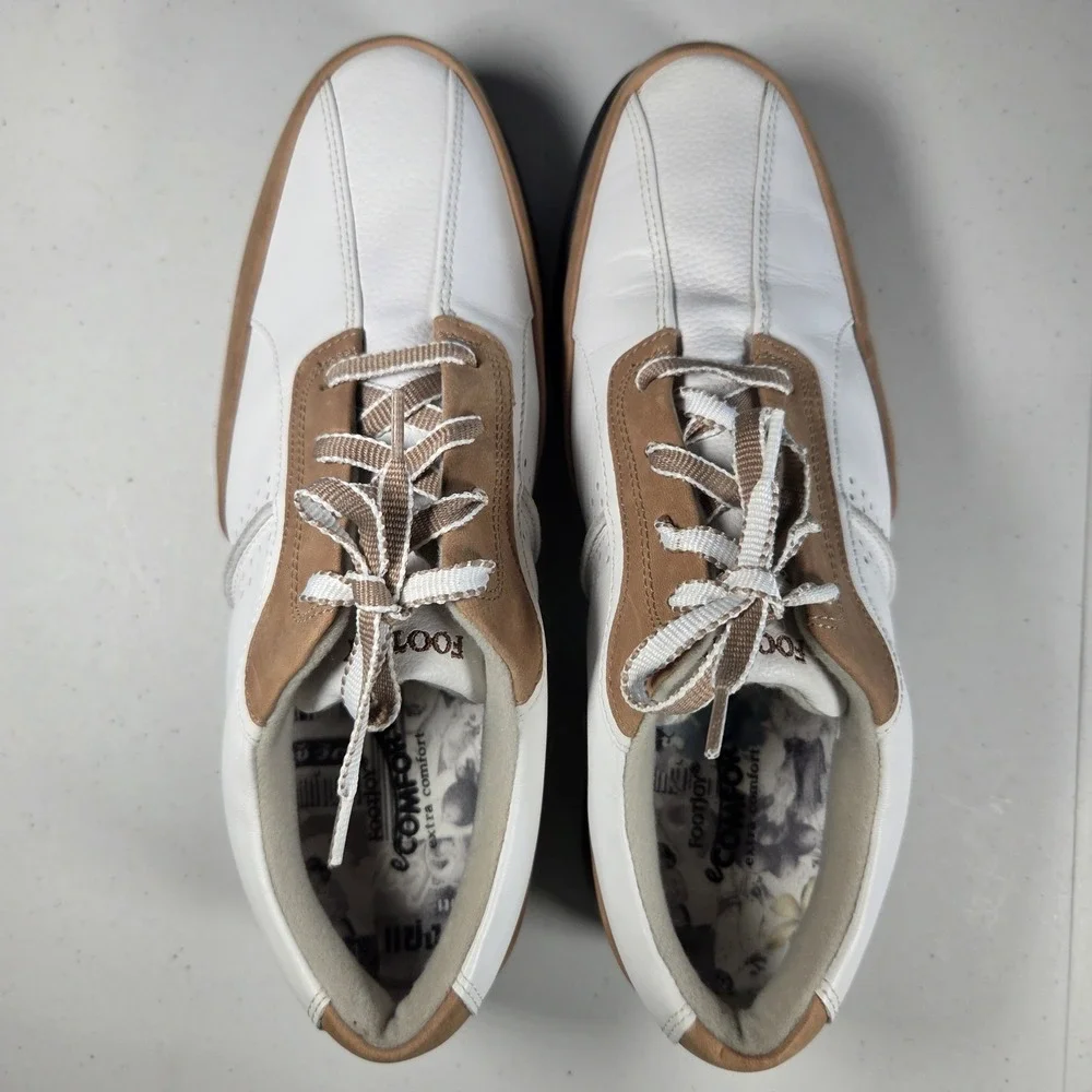 Footjoy eComfort‎ Womens Golf Shoes White Tan Leather Cleats Softspikes 9M NWOB